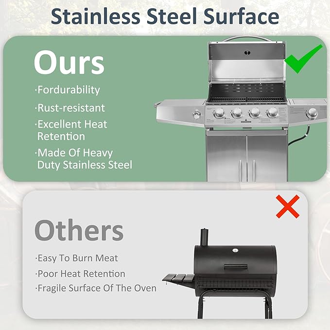 Polar Aurora Propane Gas Grill 4 Burners with Side Burner Stainless Steel Grill Cart with Wheels for Outdoor Patio Garden Backyard Cooking bbq Grill