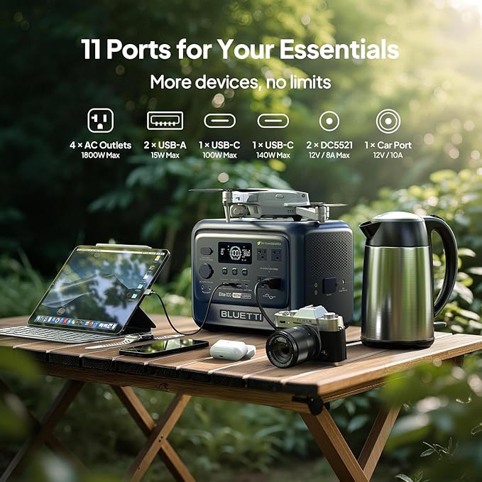 BLUETTI Elite 100 V2 (Bio-based) Portable Power Station 1024Wh LFP Battery Backup w/ 4 1800W AC Outlets (3600W Surge) 35% Smaller ISCC PLUS Certified Eco-Shell Solar Generator for Camping Outages