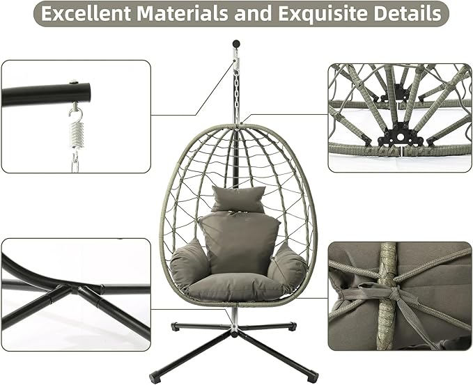LEX CRAFT Egg Chair with Stand Swing Chair Hanging Chair Nest Basket UV Resistant Removable &amp Washable Cushions350LBS Capacity for Bedroom Balcony Garden(GR-GR)
