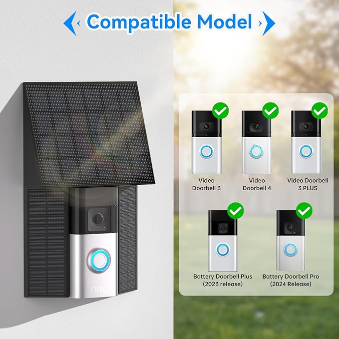 Solar Charger for Ring Battery Doorbells - Compatible with Video Doorbell 3/3 Plus/4 Battery Doorbell Plus/Pro 2 Prong Port-1 Pack