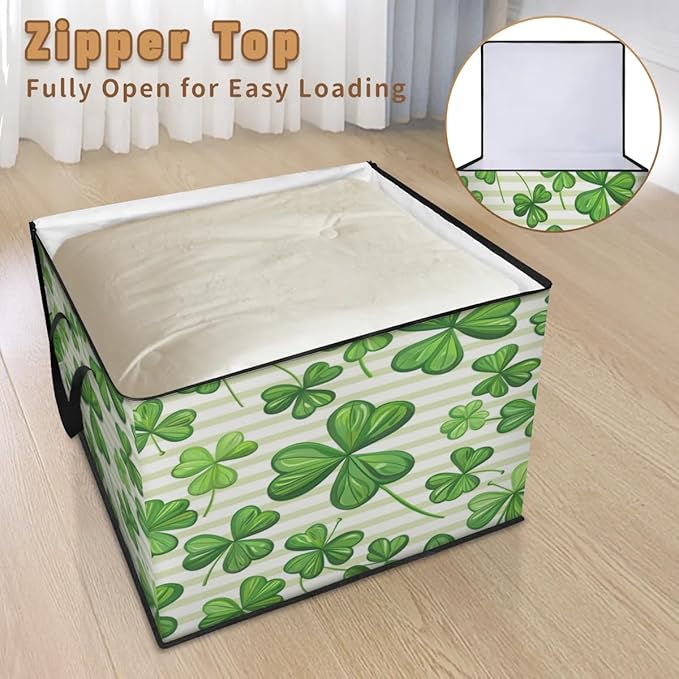 XL Large Clothes Storage with Lid Handle St.patrick's Day Large Thick Clothes Blanket Storage Containers for Organizing Bedroom Closet Comforter Clover Branches Green Leaves