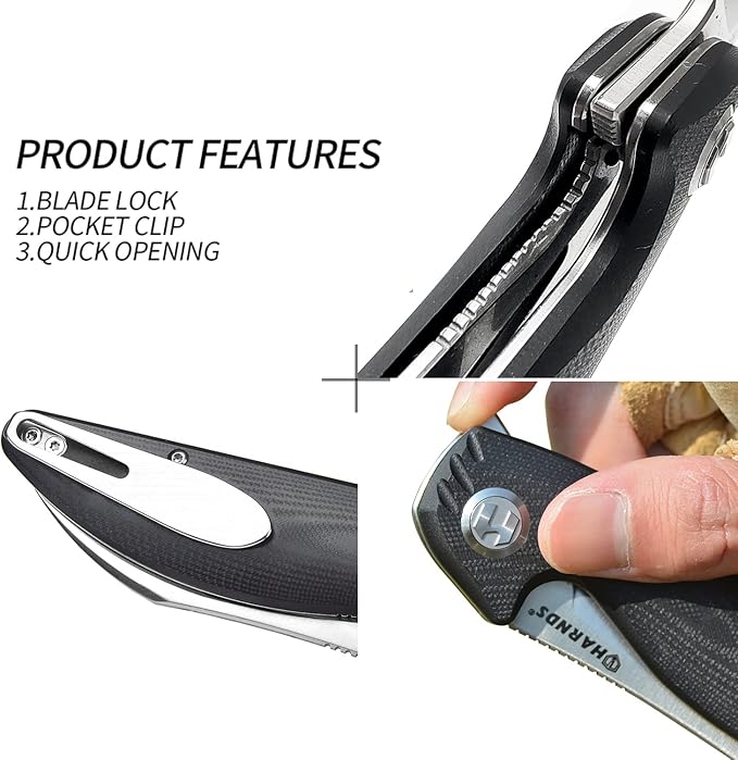 Harnds Parrot Folding Pocket Knife with Clip and Blade Lock 8.4 EDC Folding Knife with Sweatproof G10 handle and 14C28N Stainless Blade (Black)