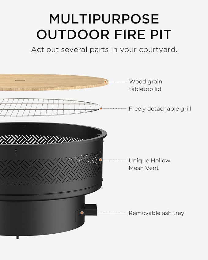 32 Fire Pits with Cooking Grill Outdoor Fire Pit with Lid &amp Fire Poker Fire Pit Table for Outside Wood Burning Firepit Round Heavy Duty Firepit for BBQ Table Picnic Camping Bonfire Party