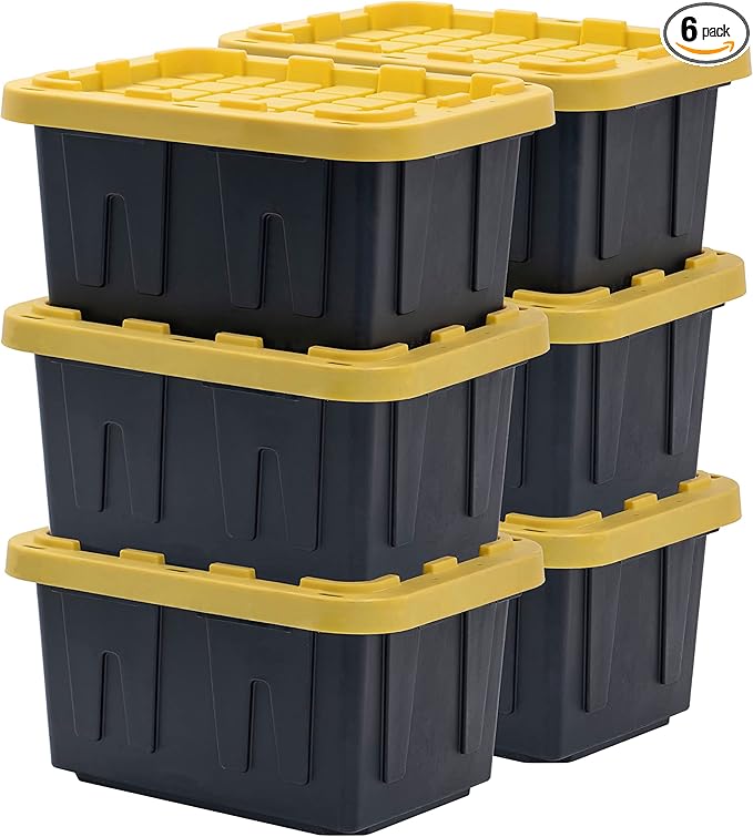 BLACK &amp YELLOW 5-Gallon Heavy Duty Storage Bins with Lids Stackable Plastic Storage Bins with Weather-Resistant Design Home Organization 6 Pack (8.6H x 12.3W x 16.4D)