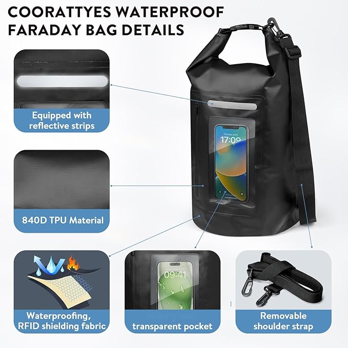 Faraday Dry Bag-15L/420D Signal Blocking Backpack - Protects Electronics from Spying &amp Hacking- Blocks RFID WiFi Bluetooth NFC Cellular GPS EMF