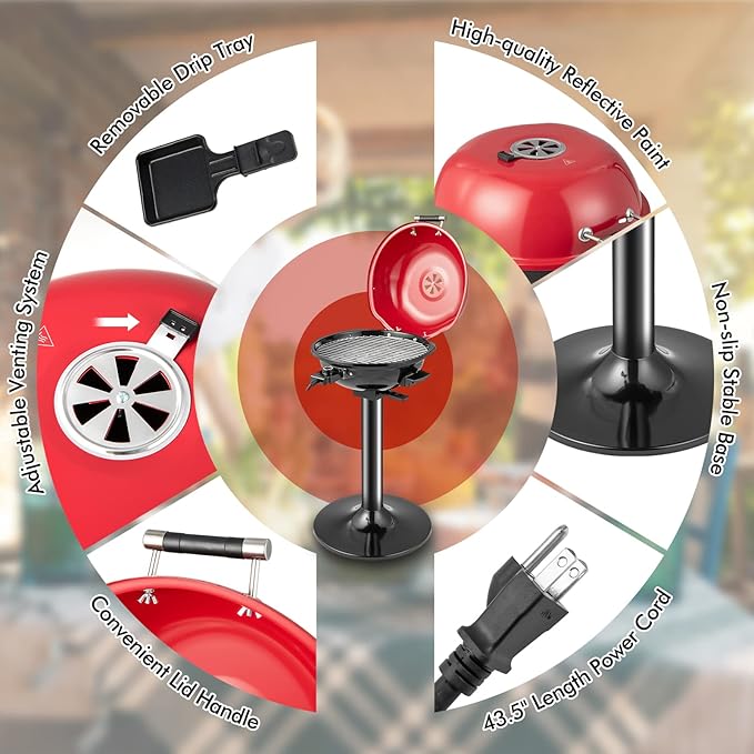HAPPYGRILL Electric Grill Outdoor 1600W Barbecue 15-Serving for Indoor &amp Outdoor Use Portable Stand BBQ Grill for Cooking Patio Kitchen Garden Red