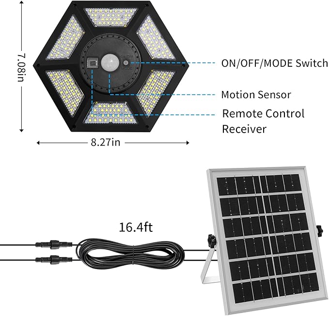 Aqonsie Solar Shed Light Indoor Outdoor 180LED Dual Head Solar Powered Pandent Daytime Work Lights with 5 Lighting Modes &amp 3 Timers Solar Indoor Lights Motion Sensor with Remote for Shed Barn Gar