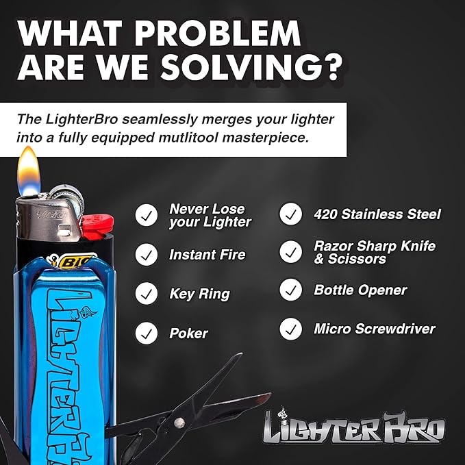 LighterBro Lighter Sleeve - Multi-Tool - 420 Stainless Steel - Easily Fits Your Favorite Lighters - Includes Mini Knife Ruler Scissors Screwdriver Poker Key Ring &amp More (Stealth/Blue Steel)