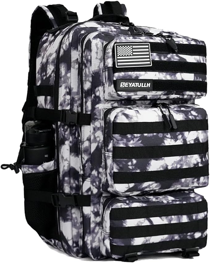 Military Tactical Backpack 55L for Men &amp Women Bug Out Bag Assault pack Molle Daypack Hiking Trekking Rucksack (Black and white tie dye)