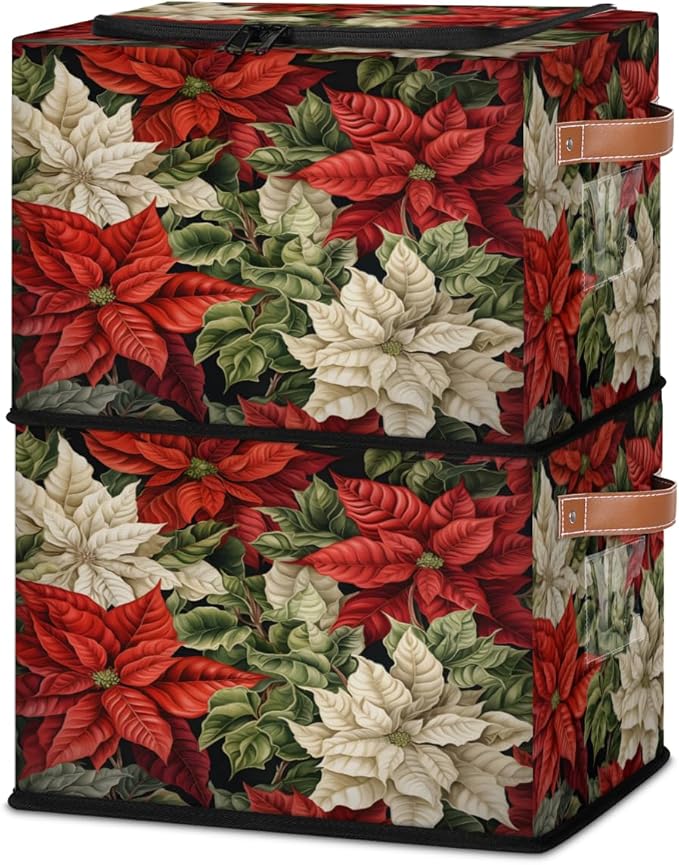KOBLEN Poinsettia Flower Storage Basket Collapsible Rectangular Storage Bins with Zipper Lid Handle Closet Shelf Cloth Organizer Basket for Nursery Bedroom Clothes Toy 2 Pack