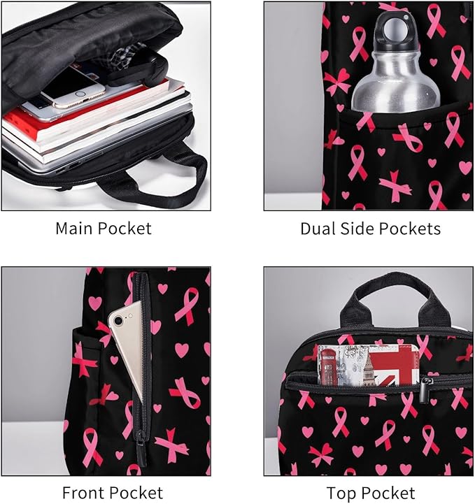 Breast cancer awareness ribbons love heart black Backpack Travel Bag Bookbags Satchels Daypacks