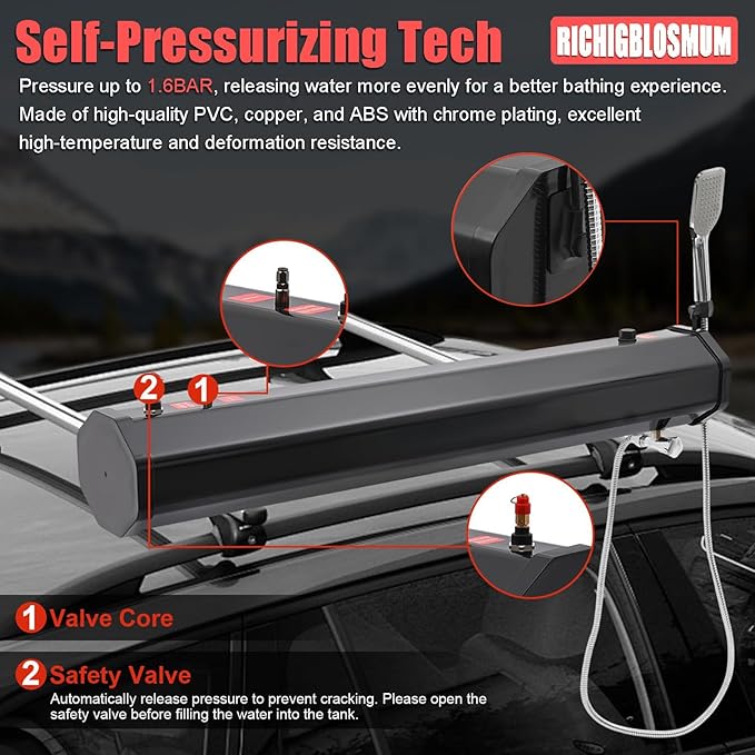 4.8-7.9Gal Portable Roof Rack Water Tank – Sun-Powered Pressurized Shower for Overlanding Pet Washing Gear Cleaning &amp Vehicle Water Storage – Includes 5.58ft Hose &amp Carry Bag5.3Gal/20L