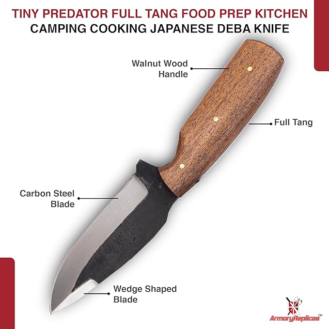 Armory Replicas™ Full Tang Tiny Predator Food Prep Kitchen Camping Cooking Japanese Deba Knife w/Walnut Wood &amp Genuine Leather