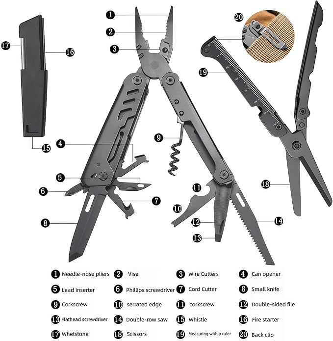 Multi Tool 16-in-1 Full-Size Lightweight EDC Camping Essentials Multi-Purpose Pliers Tools Knives Nylon Bag Tactical Gear Mens Gifts Ideas Gifts for Hunters Men who have Everything Silver