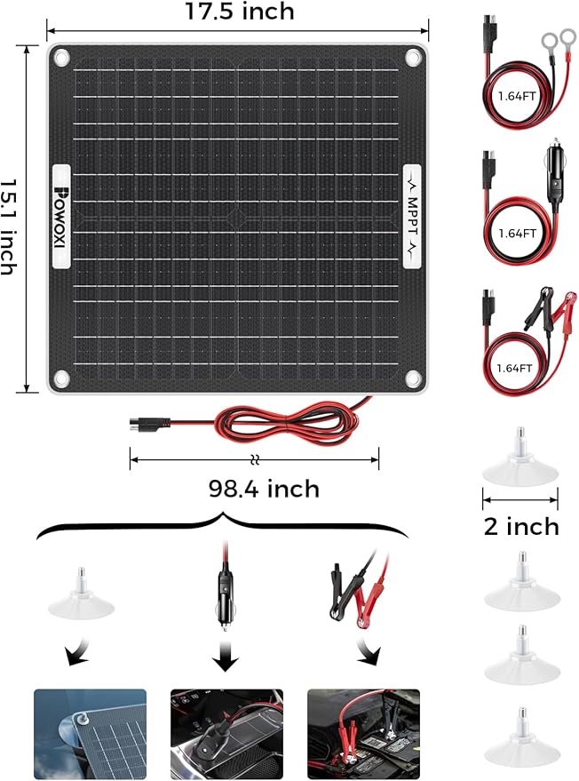 POWOXI 30W Solar Battery Charger: 12V Solar Car Battery Trickle Maintainer - with MPPT Controller Parameter Adjustable - for RV Boat Marine Motorcycle Trailer Truck Tractor - Solar Panel Kit