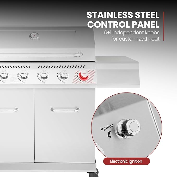 Royal Gourmet GA6402S 6-Burner Propane Gas Grill with Side Burner and Warming Rack 74000 BTUs Cabinet Style Outdoor BBQ Grill for Barbecue Grilling &amp Backyard Cooking Silver