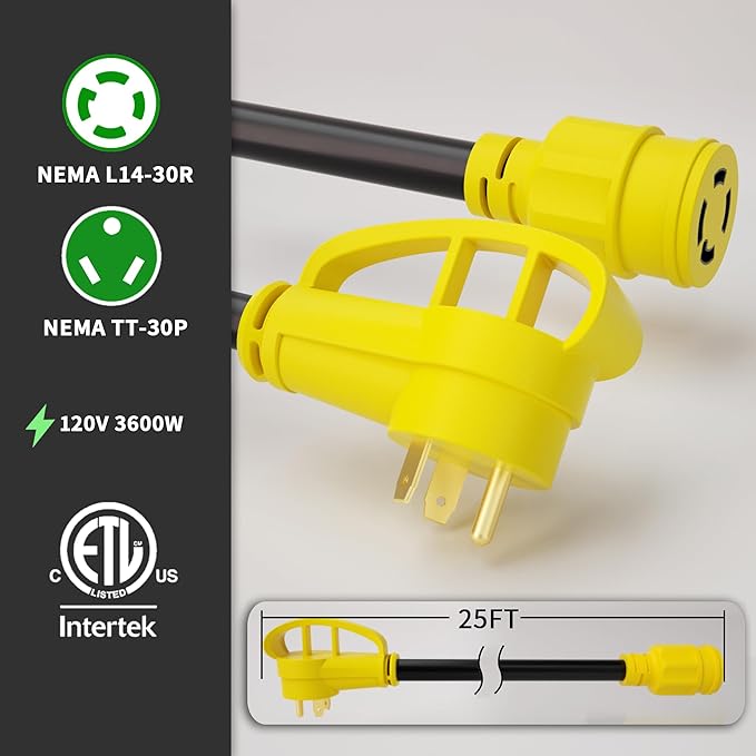 POWGRN 25 FT RV Power Cord 30 Amp Extension Cord 4 Prong to 3 Prong Adapter Generator Extension Cord 30 Amp RV Adapter NEMA TT-30P to NEMA L14-30R 10AWG STW 30A 125V 3750W Yellow ETL Listed