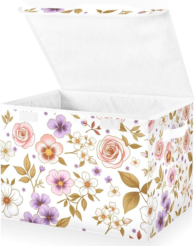 ALAZA Flower Pink 1 Storage Bins Organizer Box Baskets Lidded Clothes for Shelves Closet Collapsible Stackable Storage Cubes Handles