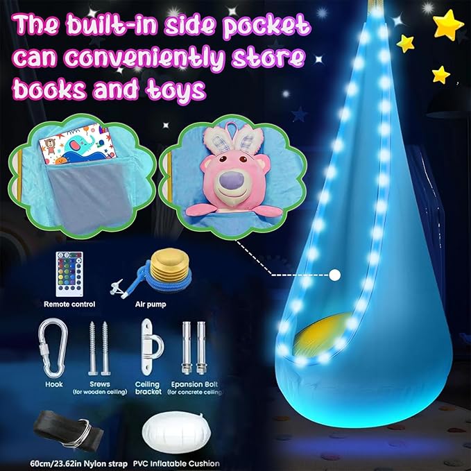 Light Up Swing Chair Hammock Chair Indoor Outdoor for Kids Pod with LED Lights Soft and Safe 176 lb. Load Capacity Easy Installation Perfect for Bedroom Garden and Playroom (Light Blue)