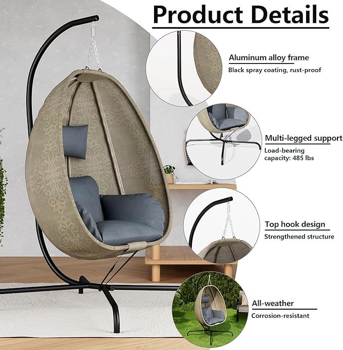 ALAULM Foldable Egg Chair with Stand 485LBS Capacity Textilene Hammock Swing Chair for Outdoor &amp Indoor Hanging Chair with Strong Frame &amp UV Resistant Cushion for Balcony Bedroom Light Gra