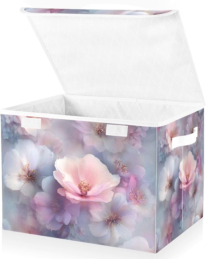 Collapsible Storage Bins with Lids Decorative Fabric Storage Cubes Closet Organizer and Storage Basket Boxes Containers for Clothes Box Chest Folding Rectangle Blue Purple Cherry Blos