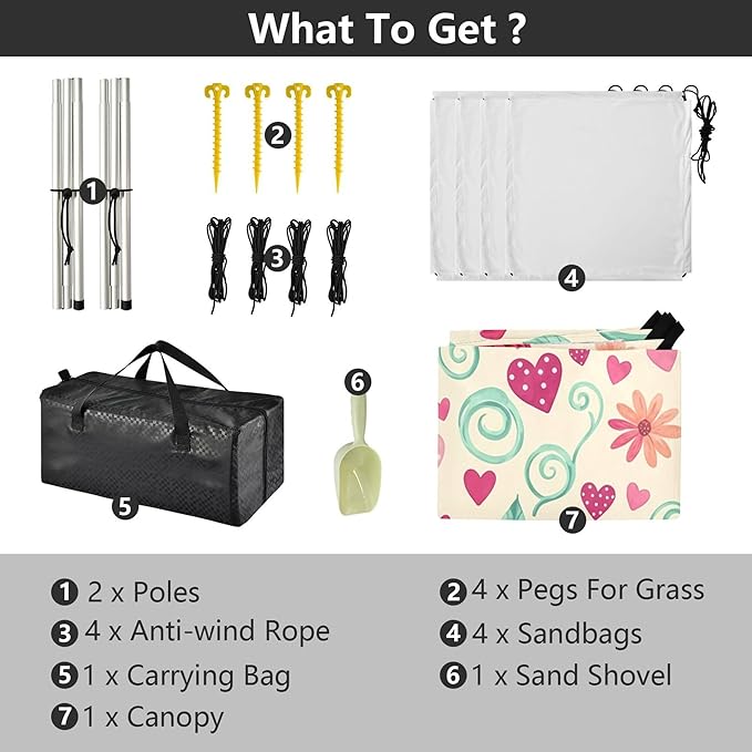 Rose Beach Canopy Sun Shelter with Sandbags &amp Sand Shovel &amp Windproof Ropes - Portable 110x126 Beach Shade Beach Tent for Camping Picnics