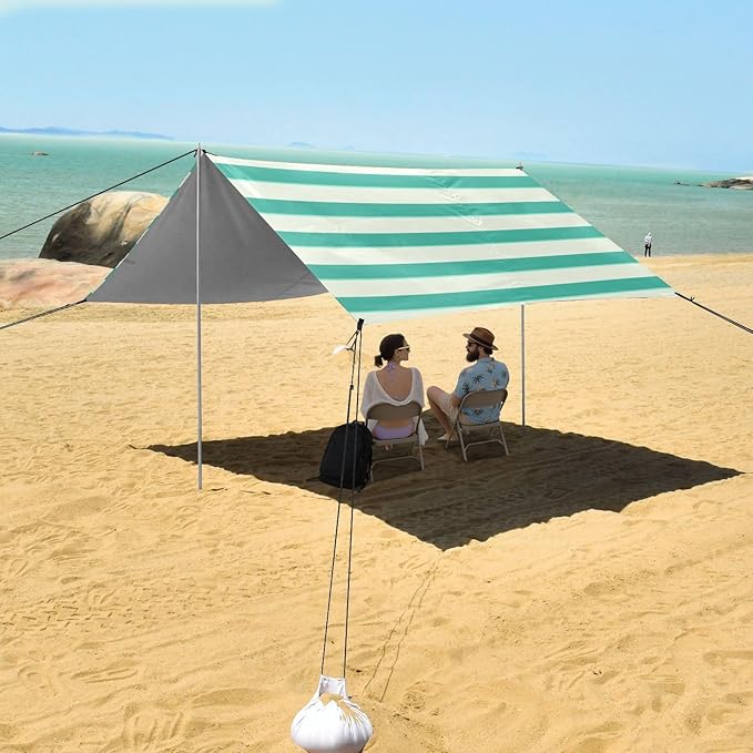 ALAZA Mint Green Stripes Beach Tent Sun Shelter Portable Canopy Sunshade for Outdoor Camping Picnics Backyard Fun 10x9 ft