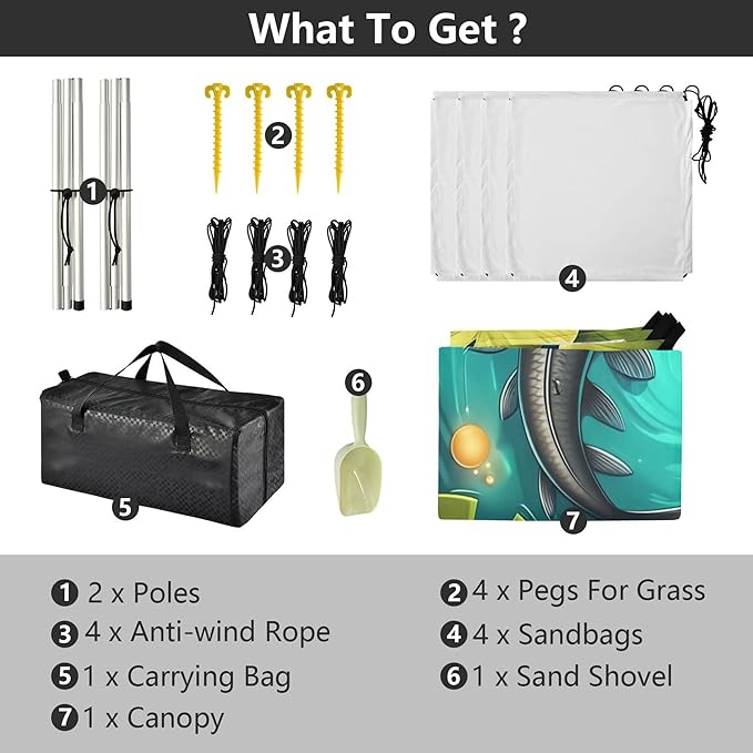 Fish Beach Canopy Sun Shelter with Sandbags &amp Sand Shovel &amp Windproof Ropes - Portable 110x126 Beach Shade Beach Tent for Camping Picnics