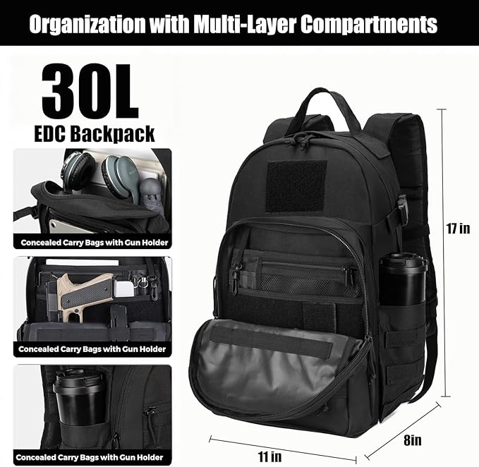 Miramrax Tactical Backpack for Men Military Backpacks with Holster Army 3 Days Assault Pack Bug Out Bag for Hiking Camping (Black)