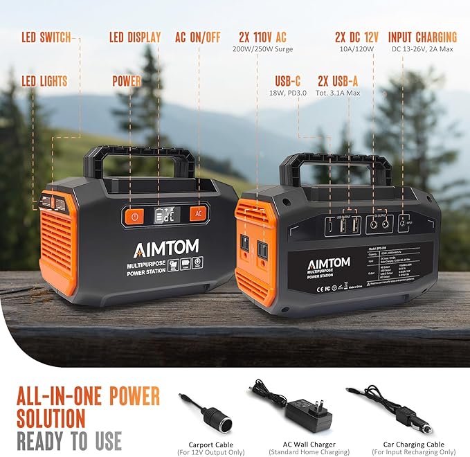 AIMTOM 200W Portable Power Station with 30W Solar Panel Bundle – 173Wh Lithium Battery 250W Peak AC USB-A USB-C and 12V DC Outputs High-Efficiency Solar Generator for Camping RV Emergency Backup