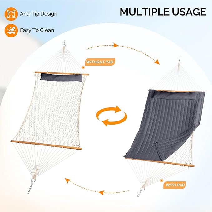 ONCLOUD Double Hammock with Stand for Outside Rope Hammock with Pillow and Pad Heavy Duty Hammock Set for Backyard 550 LBS (Grey)