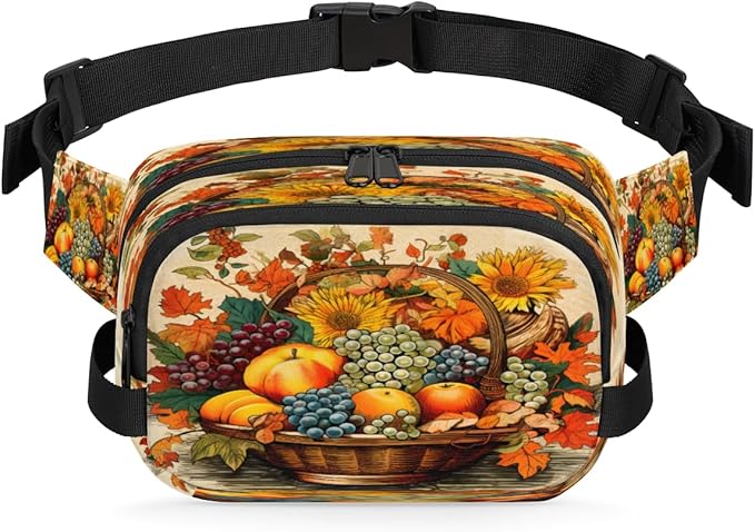 Fruit Basket Apples Grapes Sunflowers Waterproof Fanny Pack for Women Men Adjustable Waist Bag with Double Zipper Pockets Lightweight Square Hip Pack for Running Travel Hiking Workout Cycling