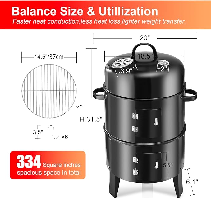 Vertical 19Inch Round Charcoal Smoker GrillHeavy-Duty BBQ Smoker for Outdoor Smoking Multi-Layer Pellet Ideal for Meats-Offset Charcoal Grill with HookThermometerBlack