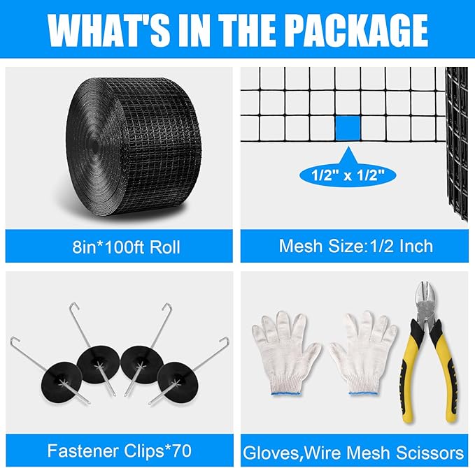 4in X 100ft Solar Panel Bird Guard - 1/2 Black PVC Mesh Galvanized Rust-Resistant Net Critter Guard for Solar Panels with 70 Fastener Clips Gloves Cutting Pliers