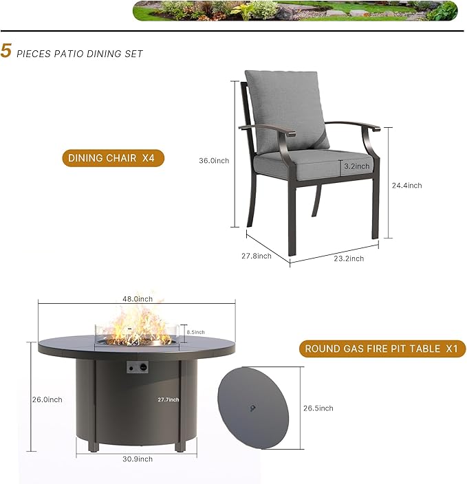 5 Pcs Metal Outdoor Patio Furniture Set with 48/55000 BTU Outdoor Round Propane Fire Pit TablePatio Conversation Sets 4 Fixed Chairs No-Slip Cushions and Waterproof CoversGrey