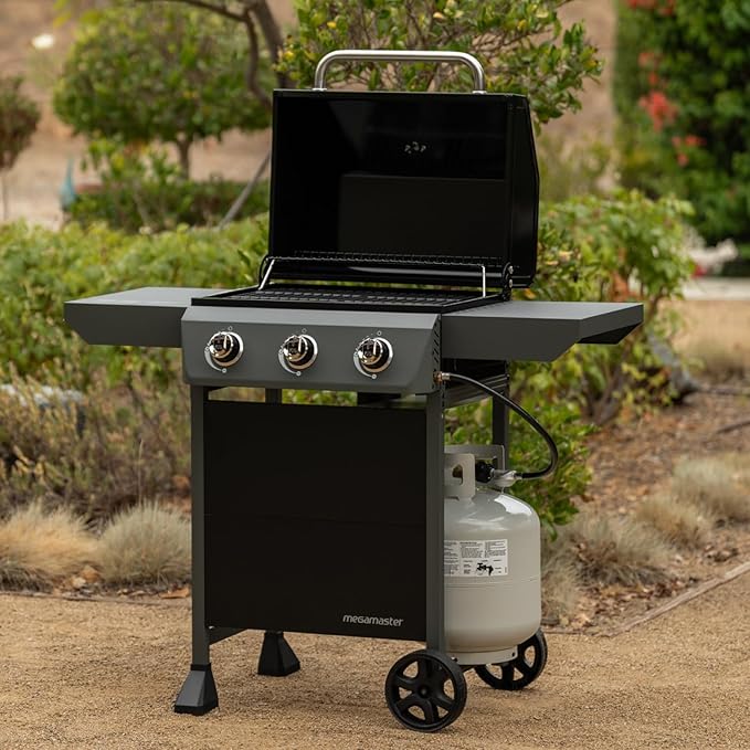 Megamaster 3-Burner Propane Gas Grill with Side Tables 30000BTUs 429.81 SQ. In. Cooking Space 2 Wheel Transport Outdoor Kitchen Grill for BBQs Backyards Tailgating and More - 720-1094