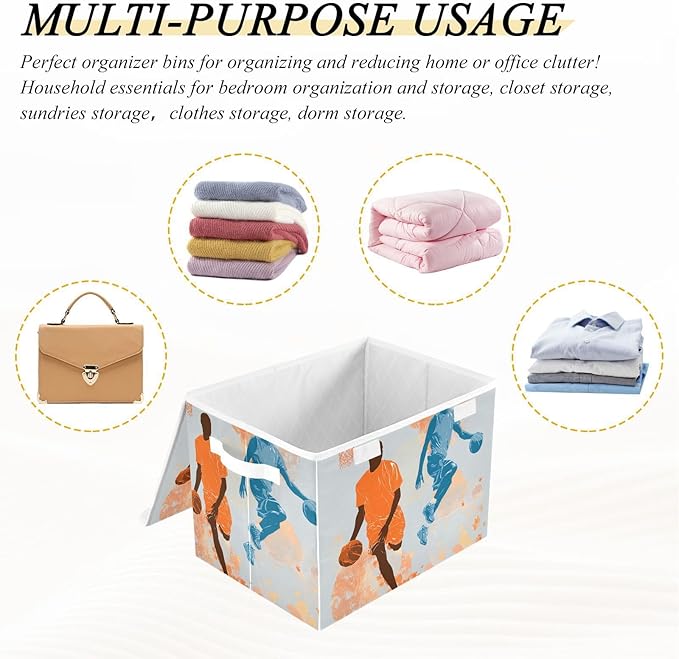 Orange Blue Basketball Players Splash Storage Box with Lid 1 PC Foldable Storage Bin with Lids Stackable Storage Bins Cube Closet Organizer Basket with Flip-Top Lid &amp Handles for Shoes Books Towel