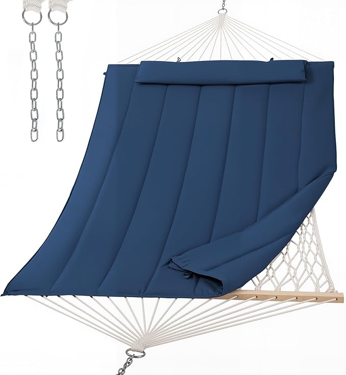 SUNCREAT Hammocks Outdoor Double Hammock with Hardwood Spreader Bar Heavy Duty Cotton Rope Hammock with Polyester Pad Dark Blue