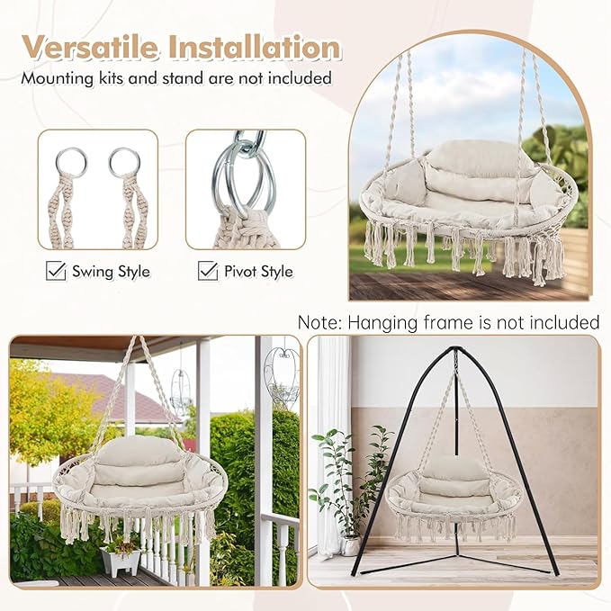 Tangkula 2-Person Hanging Hammock Chair Boho Style Macrame Hammock Swing with Soft Cushions Tassels Indoor Outdoor Cotton Rope Hanging Swing Chair for Bedroom Porch Balcony