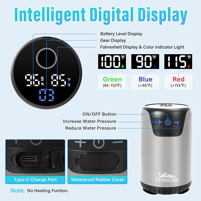 8000mAh Portable Camping Shower 10-Speed Camp Shower Pump LED Display 4 Spray Modes IPX8 Waterproof Outdoor Shower Kit for Hiking Travel Pet Car Wash