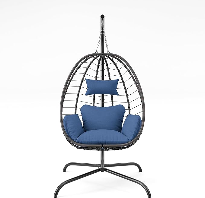 ALAULM Foldable Egg Chair with Stand 485LBS Capacity Wicker Rattan Hammock Swing Chair for Outdoor &amp Indoor Patio Hanging Chair with Strong Frame &amp UV Resistant Cushion for Balcony Bedroom
