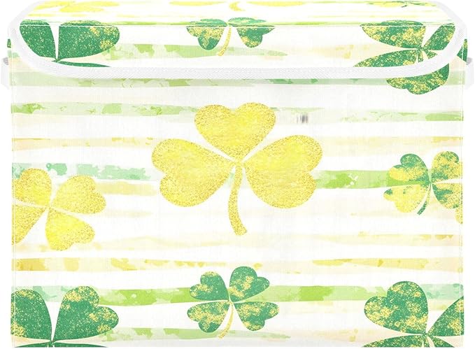 St. Patrick's Day Storage Baskets with Lids Shamrock Collapsible Bins Stackable Fabric Linen Baskets Closet Organizer Container 16.5x12.6x11.8