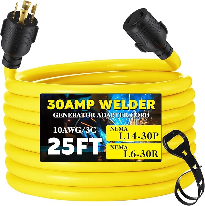 Tellegloww NEMA L14-30P to L6-30R Generator to Welder Adapter 25FT 30 Amp 4 Prong Male to 3 Prong Female Adapter Generator Welder EV Charger Power Cord 10 AWG STW ETL Listed