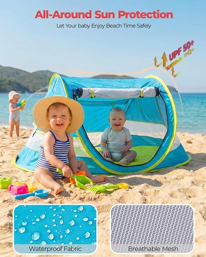 Poray Portable Baby Beach Tent with UPF 50+ Sun ShelterMosquito Net and Sunshade Ideal Pop Up Kids Travel Tent with Carry Bag &amp 2 StakesOutdoor Indoor Play and Sun Protection