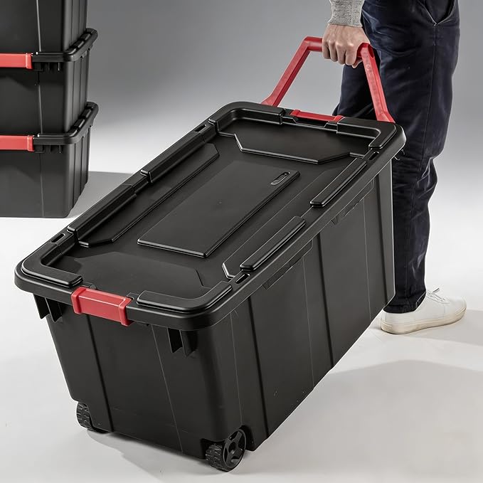 2-Pack 40 Gallon Heavy-Duty Stackable Storage Bins with Secure Lids &amp Smooth-Rolling Wheels – Organizing Containers for Home Garage Office &amp Basement (Black)