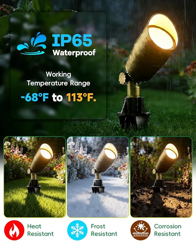 Low Voltage Brass Landscape Lights Solid Outdoor Spotlights with Replaceable MR16 LED Bulb 5W 2700K Warm White 12V 24V Landscape Lighting Waterproof Design for Garden Yard Patio