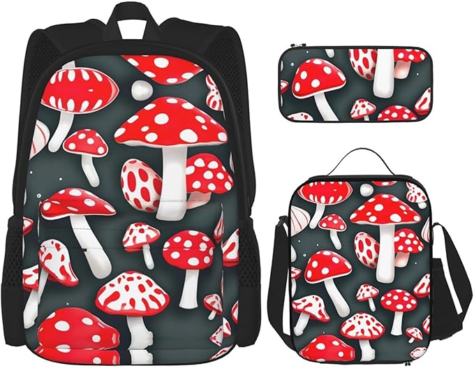 Red White Mushroom Backpack With Lunch Box 3 In 1 Set With Pencil Case Large Capacity Backpack With Chest Strap