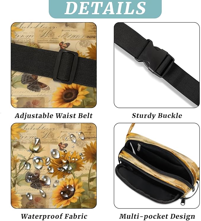 Vintage Poster Sunflower Butterfly Waterproof Fanny Pack for Women Men Adjustable Waist Bag with Double Zipper Pockets Lightweight Square Hip Pack for Running Travel Hiking Workout Cycling