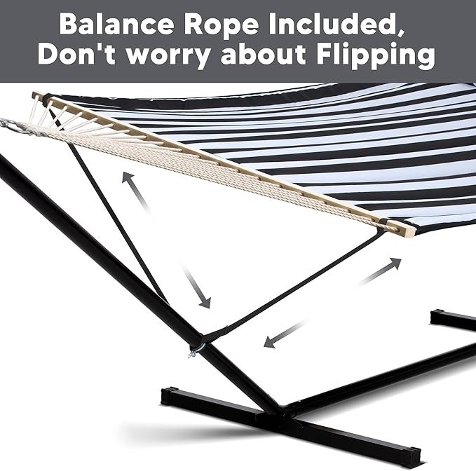 SUNCREAT Two Person Hammock with 12ft Stand Included Max 475lbs Capacity Heavy Duty Free Standing Hammock Black Stripes