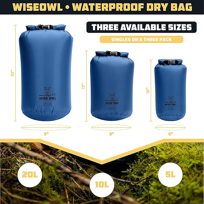Wise Owl Outfitters Waterproof Dry Bag 3-Pack – Lightweight &amp Airtight 5L/10L/20L Small &amp Large Dry Bags for Kayaking Beach Travel Boating Hiking
